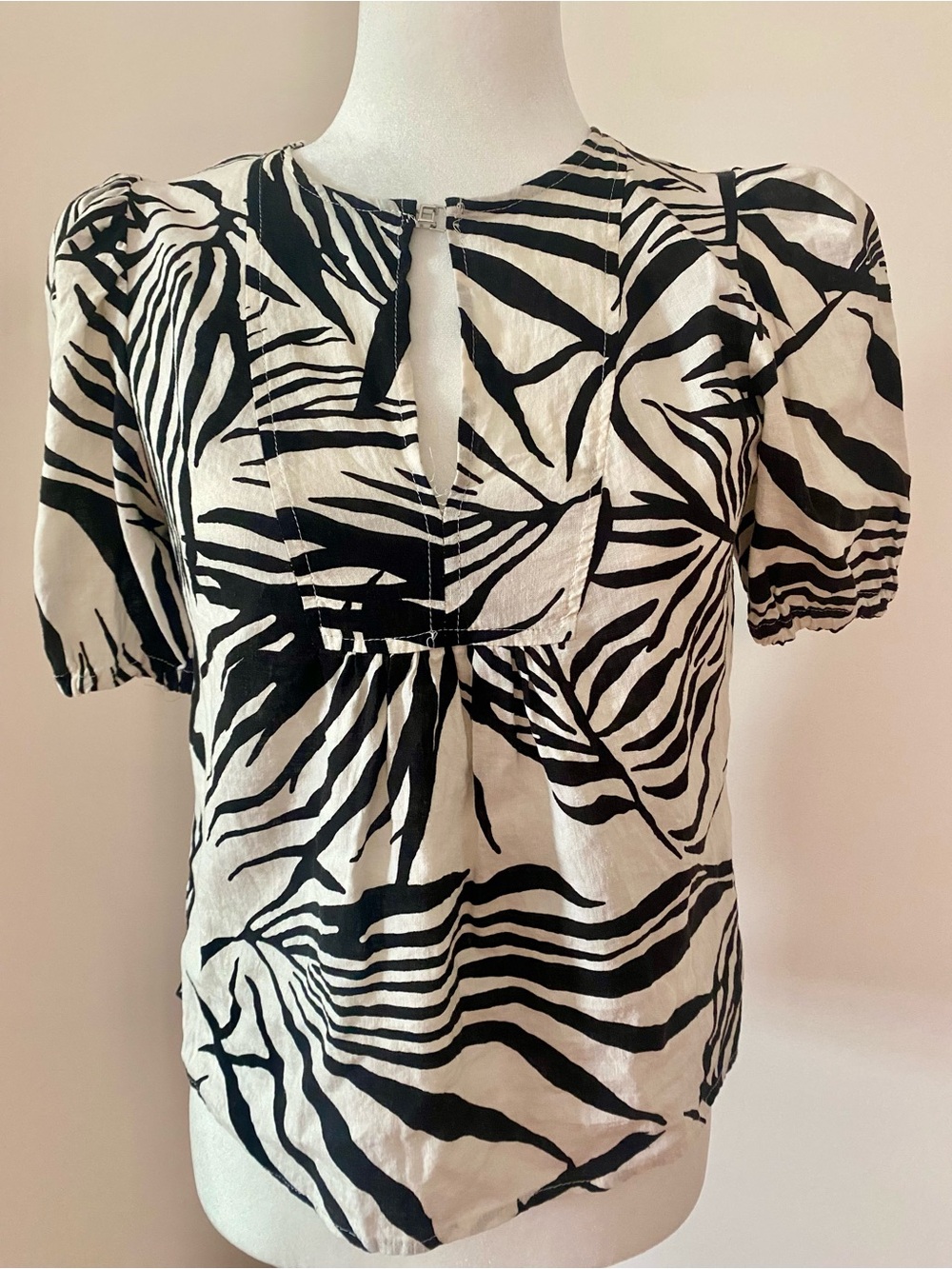 Rachel Zoe Black White Tropical Palm Print Linen Blend Puff Sleeve Blouse XS